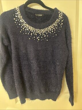 Quiz Navy Fuzzy Crewneck Sweater with Gem Embellishment